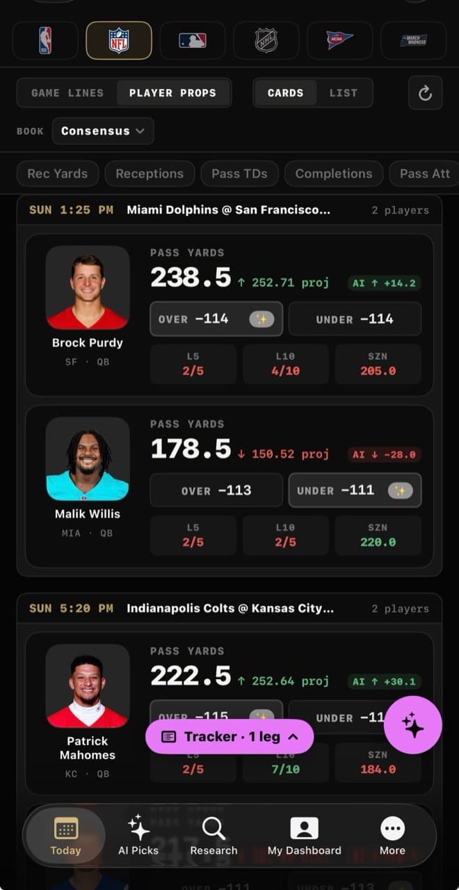 Player props cards for NFL quarterbacks with projections and hit rates